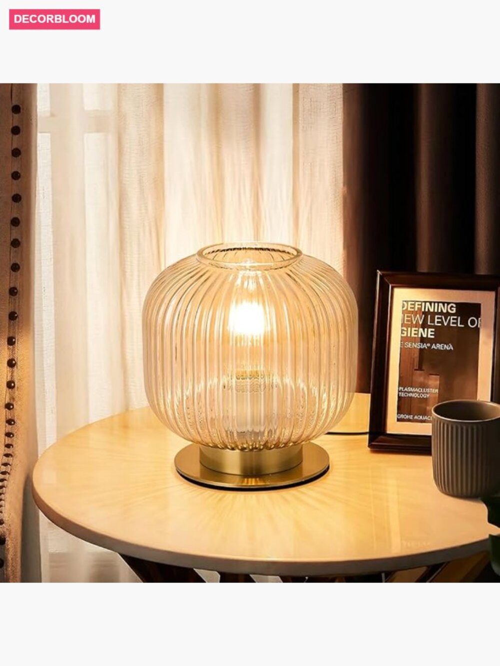 Mid Century Modern Table Lamp with Amber Ribbed Glass Shade, Dimmable Bedside